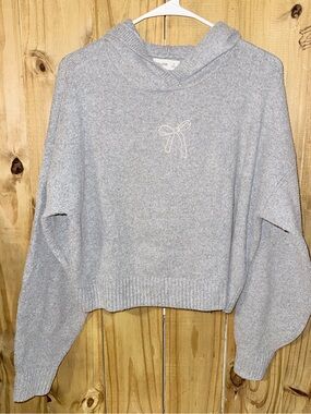 Hollister Light Gray Hooded Knit Sweater with Bow Accent